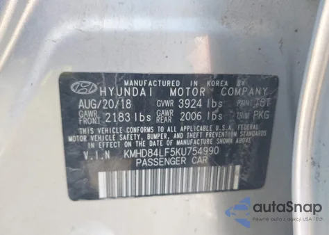 2019 Hyundai Elantra Sel из США, поврежденный, VIN KMHD84LF5KU754990